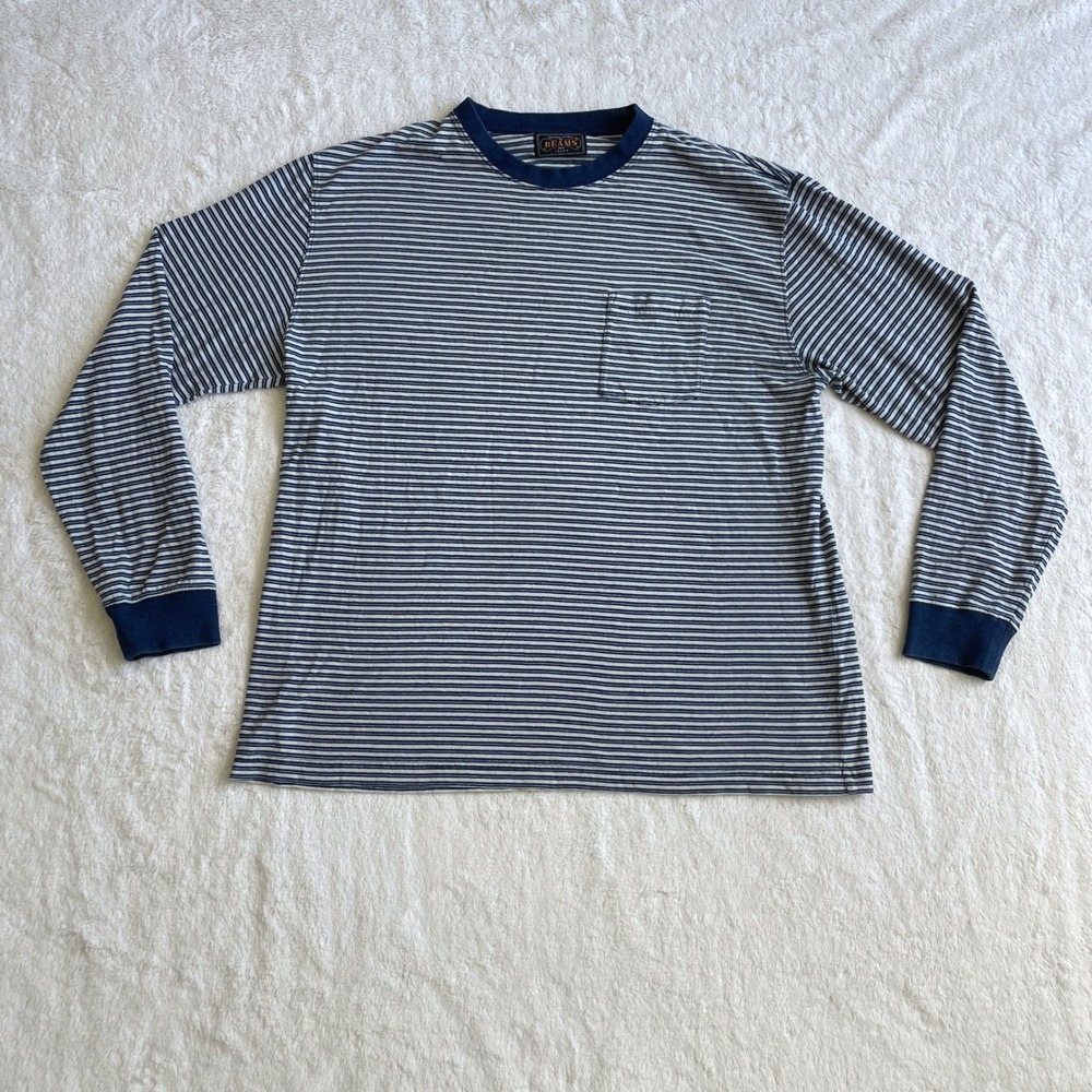 Beams Plus Mens Navy White Striped Long Sleeve Pocket T-Shirt Cotton XL RN171773